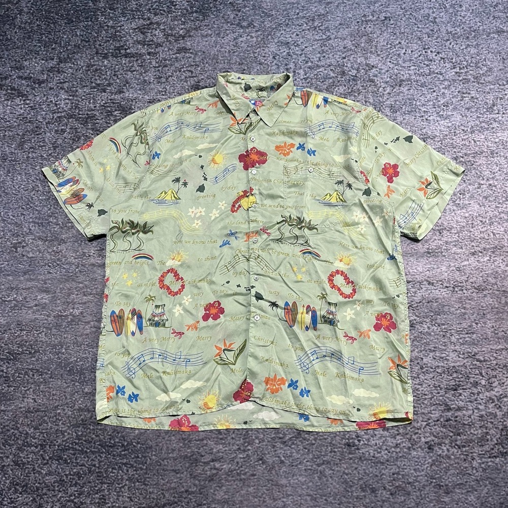 Hilo Hattie Hawaiian Shirt 100%‎ Silk Mens XXL Green Floral Tropical Flowers